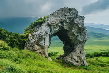 Unique rock formation stands against a dramatic sky in a lush green landscape during early morning hours