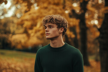 Young man in green sweater walks through autumn park surrounded by colorful fall foliage