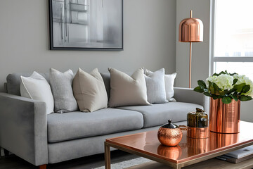 Fototapeta premium A contemporary living room with sleek sofa, copper lamp, and a stylish coffee table, designed for a sophisticated and cozy atmosphere.