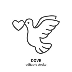 Pigeon with heart line icon. Dove sign. Symbol of love. Editable stroke. Vector illustration.