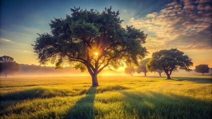 Obraz premium Vintage Morning Tree Field: Golden Hour Sunlight on Rural Landscape