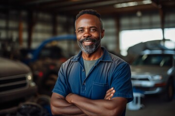 Obraz premium Smiling portrait of a middle aged African American car mechanic in workshop
