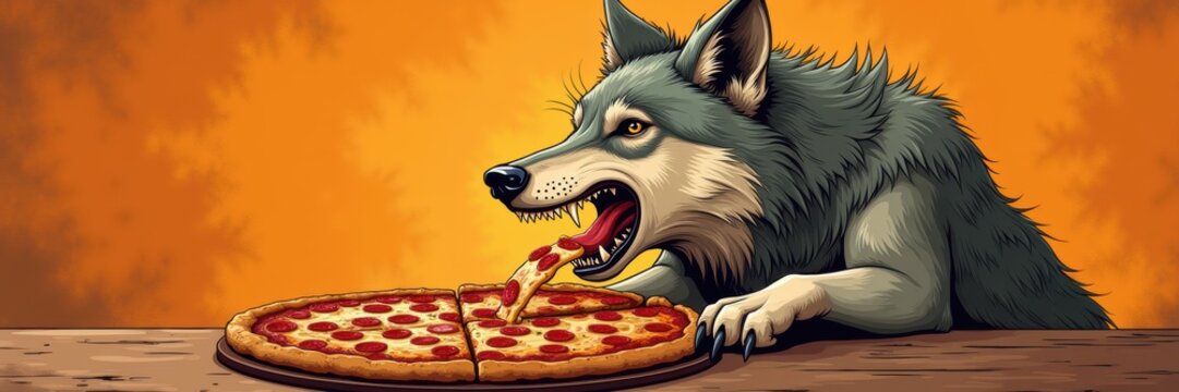 A playful wolf eagerly devouring a pizza, set against a vibrant background. Perfect for food-related projects or playful branding.