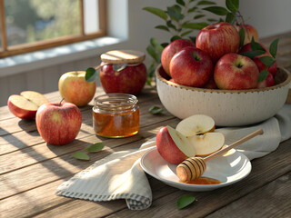 Apples with honey jars on a rustic wooden table