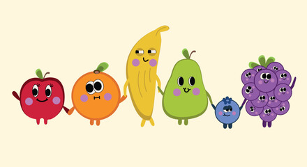 Fototapeta premium A cheerful illustration of cute fruits holding hands. Characters include a smiling apple, orange, banana, pear, blueberry, and a bunch of grapes. The fruits have adorable faces with expressive eyes