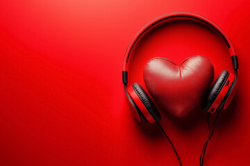 volumetric red Heart in headphones on a red background. vector illustration. Music love concept