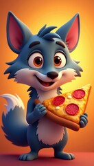 Fototapeta premium A cheerful cartoon wolf character holding a slice of pizza, perfect for children's products, food branding, or playful marketing campaigns.