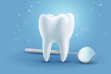Vector 3d realistic tooth icon and dental mirror on blue background