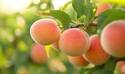 Ripe fruit hanging on a branch, green leaves.