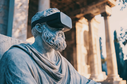 A statue of a philosopher wearing virtual reality goggles in a classical setting.