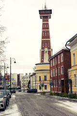 Obraz premium Historical fire-tower of Rybinsk built in 1912, one of the highest fire watchtowers in Rybinsk, Russia