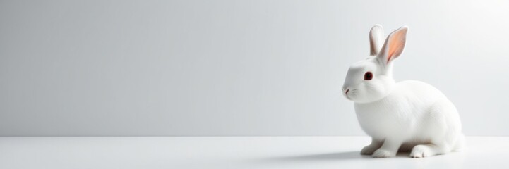 Obraz premium White rabbit in a white room. Happy Easter holiday. Copy space for text banner