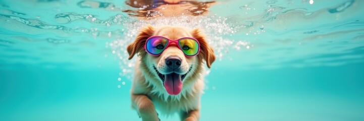 A joyful golden retriever wearing rainbow sunglasses swims playfully underwater, capturing the essence of fun and adventure for pet lovers.