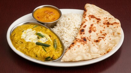 Delicious Indian Cuisine Featuring Lentil Curry, Steamed Rice, and Grilled Flatbread Served on a White Plate Against a Dark Wooden Background