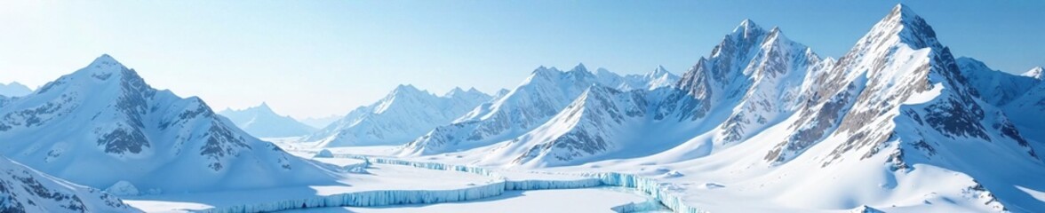 Snowy mountain peaks towering above icy glaciers, glaciers, frosty atmosphere