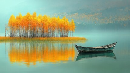 Serene lake with autumn trees and a wooden boat.