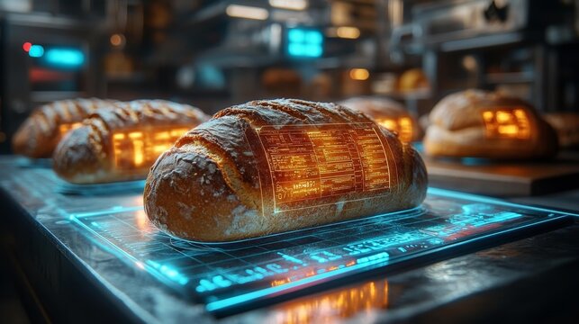Futuristic Digital Bread with Holographic Interface. Generative AI - Powered by Adobe