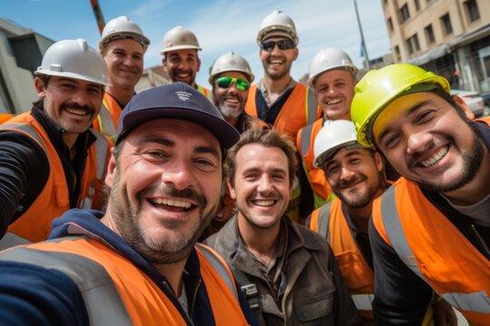 Portrait of a smiling group of construction workers taking selfie at site