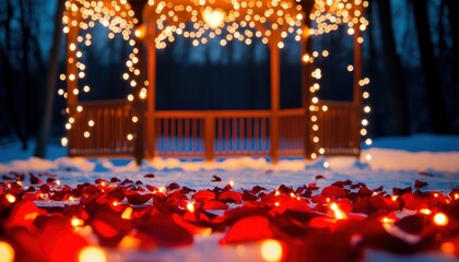 Obraz premium A romantic gazebo adorned with glowing lights, surrounded by snow and scattered rose petals, creating an enchanting winter atmosphere.