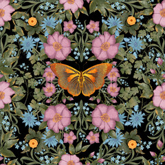Seamless pattern with roses and forget-me-nots and golden butterfly. Ornament with watercolor flowers on black. Scandinavian folk traditional motif, postcard or poster