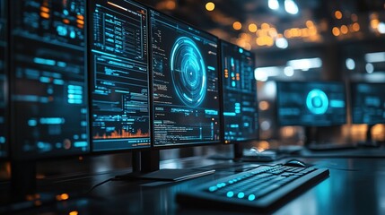 Obraz premium An ultra-modern workspace with holographic monitors and virtual assistants, sleek and futuristic 