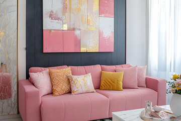 Fototapeta premium Bright and inviting living room with a pink sofa and abstract wall art, designed to bring warmth and charm to the space.