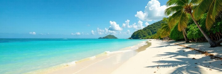 Fototapeta premium Sandy beach with lush greenery and a clear blue sky, tropical, scenery, ocean