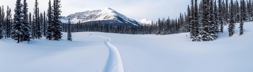 Obraz premium A serene winter landscape featuring a snowy path winding through tall trees, leading towards distant mountains under a clear sky.