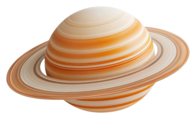 A detailed depiction of Saturn, featuring its distinctive rings and striped atmosphere in shades of orange and cream.