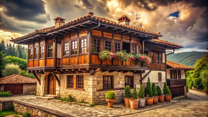 Fototapeta premium Vintage Photo: Traditional Koprivshtitsa House, Bulgaria - Architectural Heritage