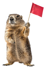 A groundhog holds a small red flag, standing upright, showcasing a playful and whimsical pose.