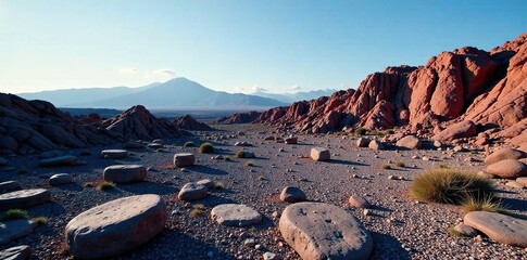 Volcanic basalt formations in a barren landscape, rugged, rocks