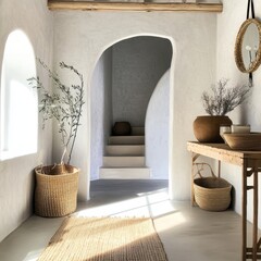 Minimalist interior design, arched doorway, neutral tones, woven baskets, ceramic vases, floating wooden shelf, natural light, textured walls, wooden ceiling beams, curved staircase, stone flooring, S