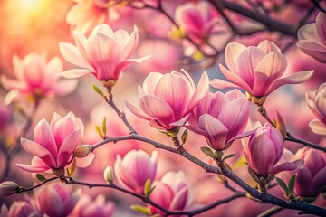 Obraz premium Vintage Pink Magnolia Blossoms: Soft Pink Floral Background Stock Photo