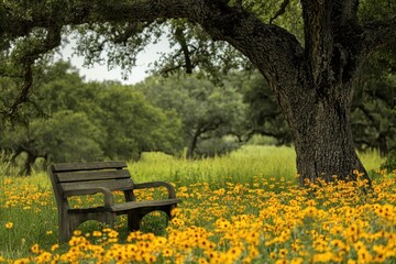 Naklejka premium Serene rustic bench surrounded by vibrant wildflowers under a large oak tree in a tranquil meadow