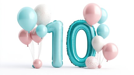 Festive teal and pink balloons form the number 10. Ideal for tenth birthday or anniversary celebrations. Use for party invitations, social media posts, or website banners.