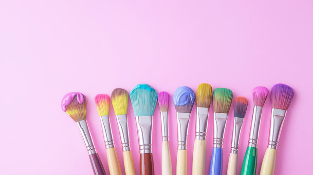 Vibrant paintbrushes with colorful strokes on pink background, creative art supplies perfect for artists, designers, and DIY enthusiasts exploring artistic expression and creativity