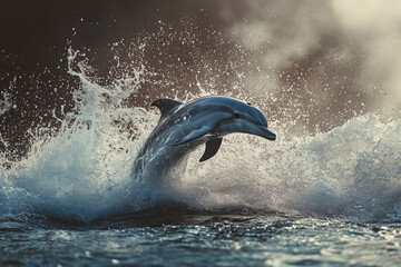 Fototapeta premium Dolphin leaps gracefully above ocean waves during a serene sunset in a coastal paradise revealing natures beauty and playfulness
