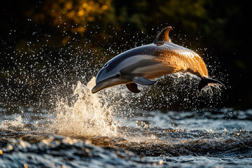 Obraz premium Dynamic dolphin leaps from water in golden light during sunset in natural habitat
