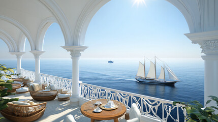 Obraz premium Elegant terrace with white arches, round wooden seating, and a small table set for two, overlooking the open ocean and a sailboat on the horizon under a clear blue sky, creating a serene and luxurious