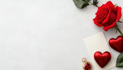 A romantic arrangement featuring a red rose, two heart-shaped decorations, and a card, perfect for expressing love and affection.