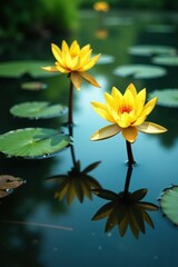 Yellow water lilies reflected in serene river, flower, pond, calm