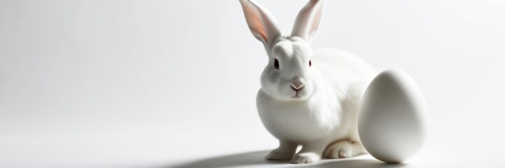 Fototapeta premium White rabbit and white egg. Copy space for text Easter banner