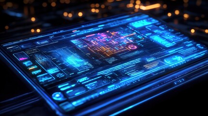Obraz premium A holographic interface displaying complex data, blue neon glow, high-tech and sci-fi aesthetic