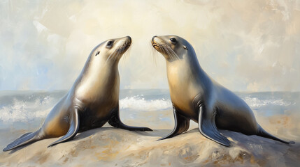 Joyful sea lions playfully interacting on the sandy beach near the ocean during a sunny day