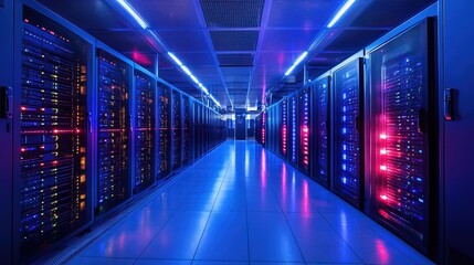 Fototapeta premium A futuristic data center with glowing servers and complex wiring, sleek and ultra-modern atmosphere 