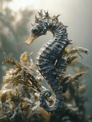 Obraz premium Stunning macro shot of a seahorse clinging to underwater vegetation in a serene marine environment