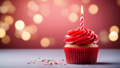 red birthday cupcake with candle