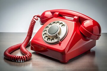 Vintage Red Rotary Phone Off Hook, Retro Telephone Communication Device