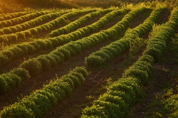 Fototapeta premium Lush green herb field during golden hour sunlight in a rural farming area